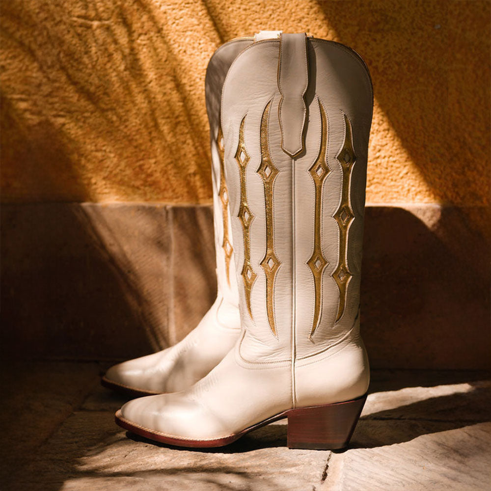 Beige Closed Toe Patchwork Embroidered Western Boots for Women