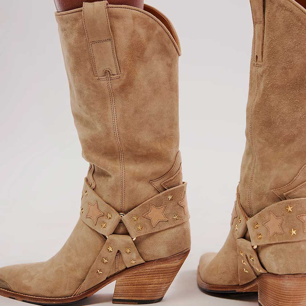 Beige Faux Suede Pointed Toe Chunky Heel Mid-Calf Cowgirl Boots