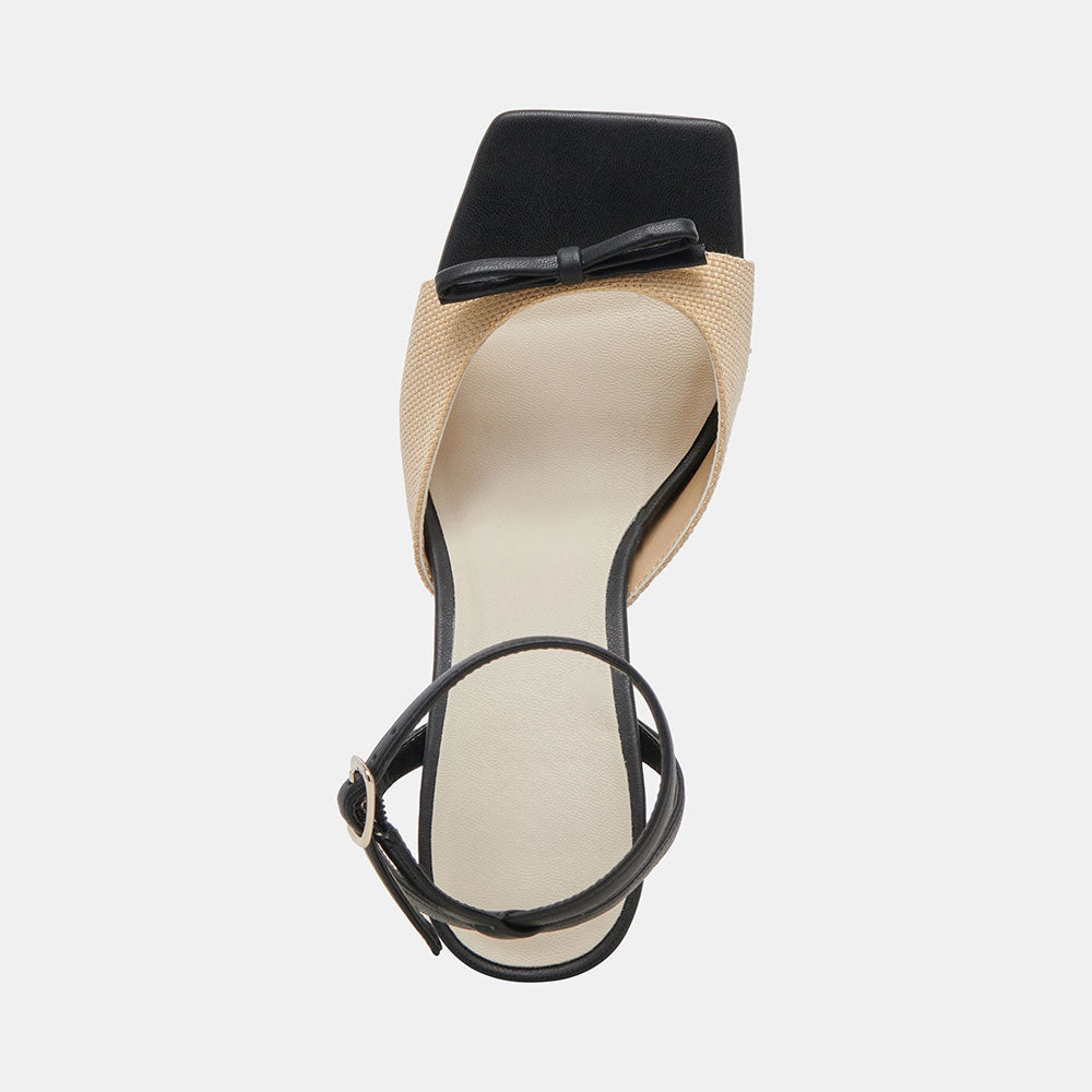 Beige & Black Open Square Toe Flared Heel Ankle Strap Women's Sandals
