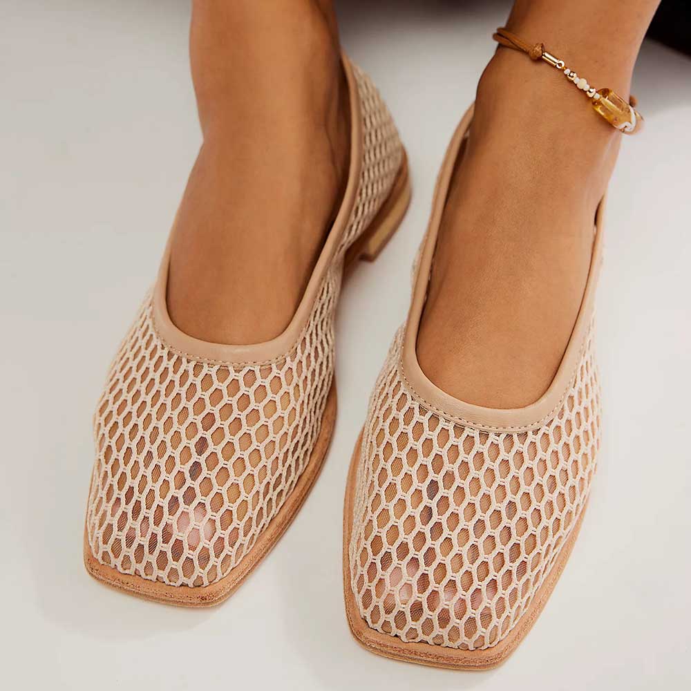 Beige Mesh Upper Slip-On Flat Shoes for Women with Square Toe