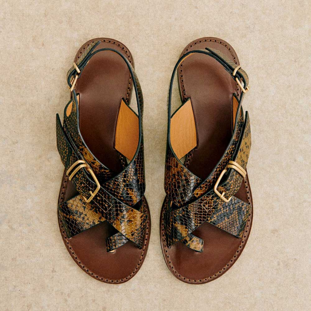 Dark Brown Round Toe Flat Python Cross Strap Buckled Slingback Sandals