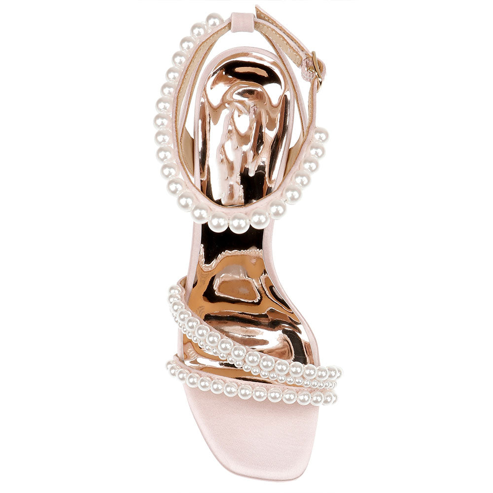Elegant Pink Satin Pearl Strappy Wedding Sandals with Chunky Heel