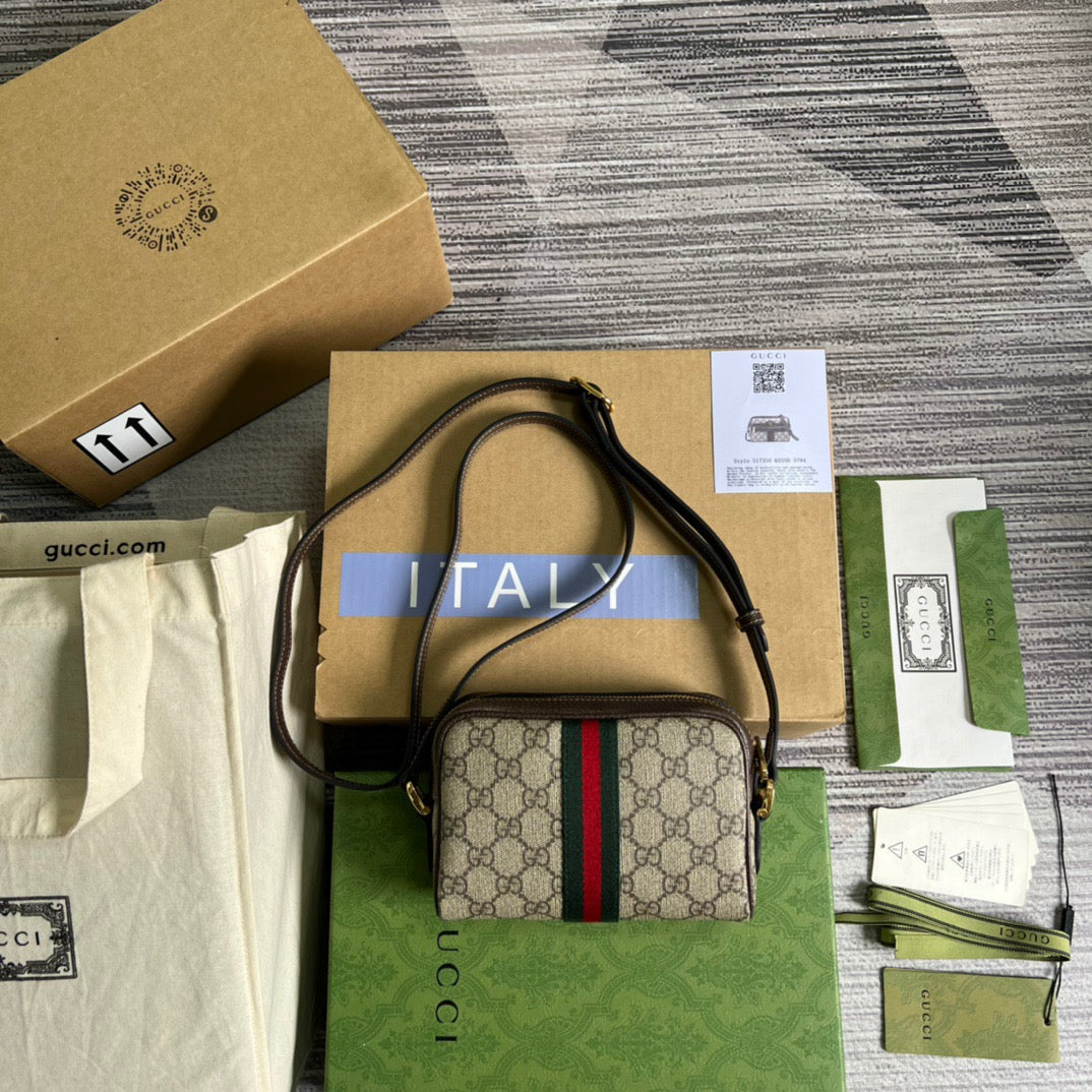 gg Ophidia Mini gg Bag Beige/Ebony gg Supreme Canvas With Brown For Women 7in/17.5cm gg 517350 96IWS 8745