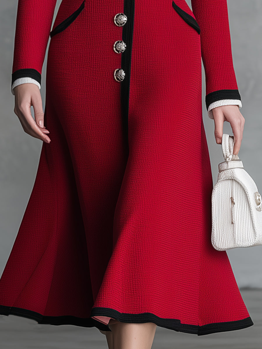 Elegant And Romantic Lapel Red A-line Knitted Midi Dress