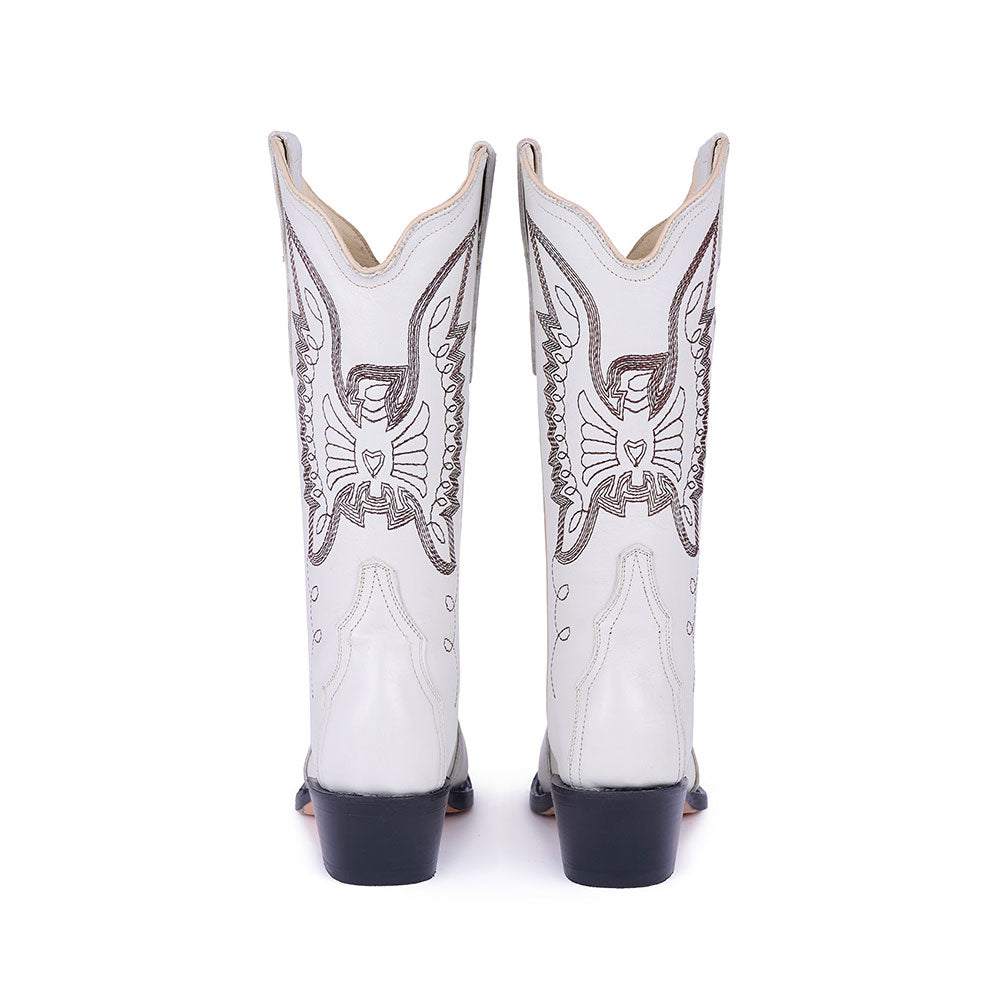 Embroidered Mid-Calf Snip Toe White Western Boots for Women