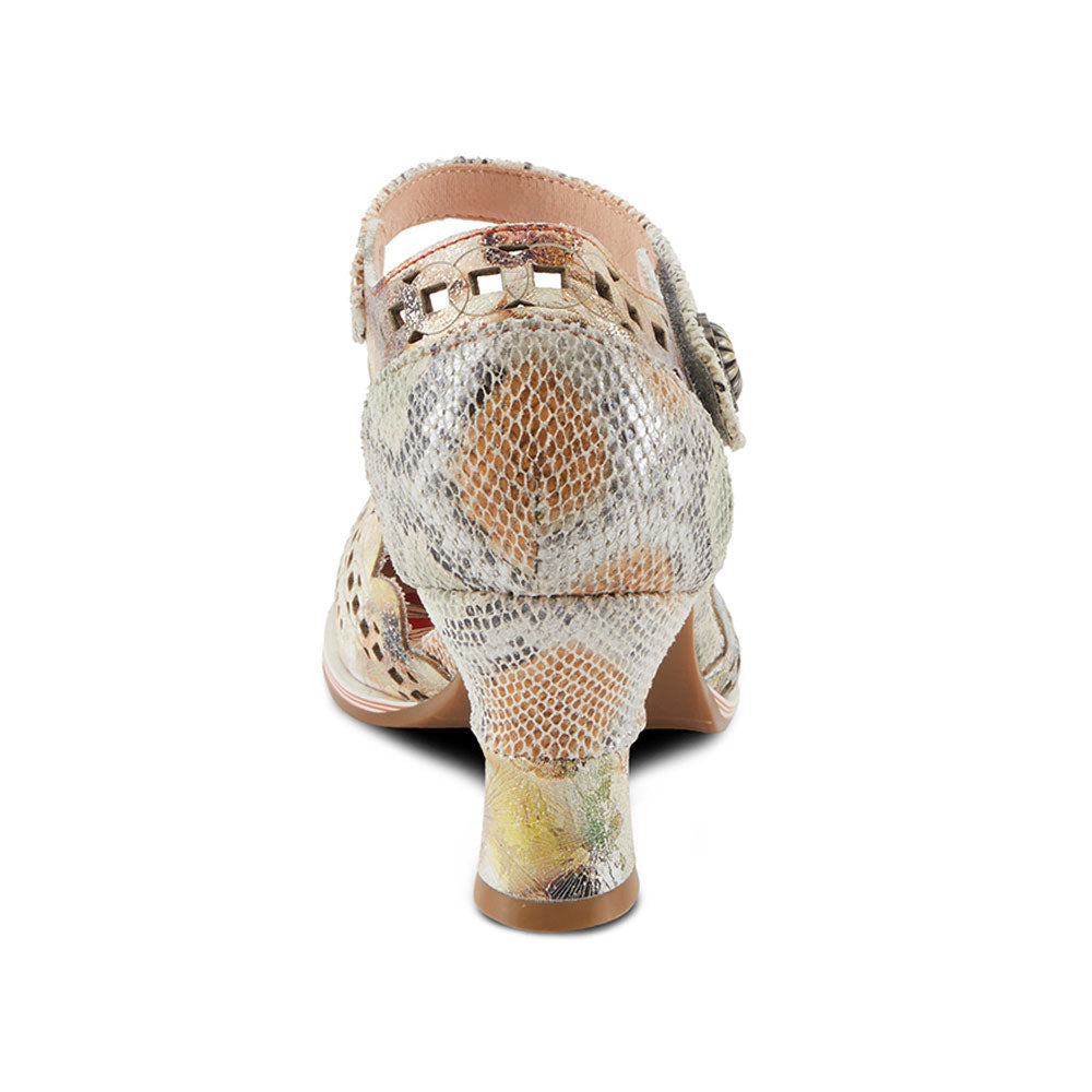 Beige Floral Print Round Toe Spool Heel Hollow-Out Pumps for Women