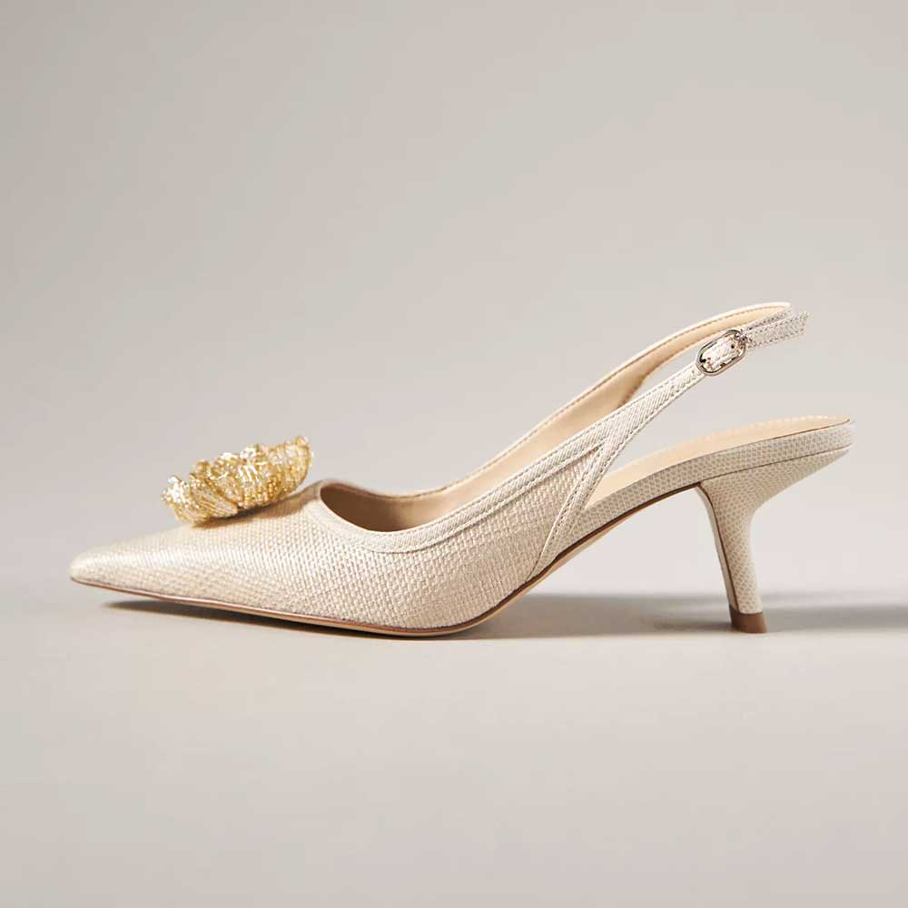 Beige Textile Pointed Toe Kitten Heel Floral Inlay Slingback Pumps