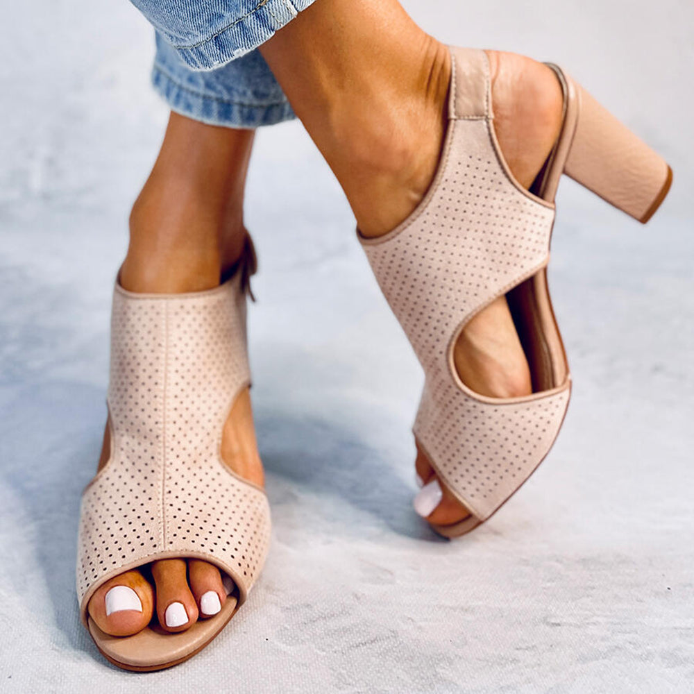 Beige Open Toe Chunky Heel Cut Out Slingback Sandals