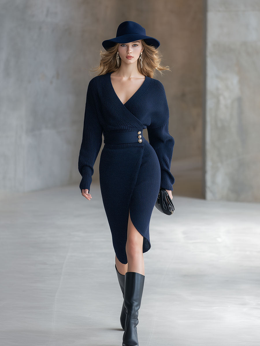 Elegant And Simple Navy Blue Knitted V-Neck Midi Dress