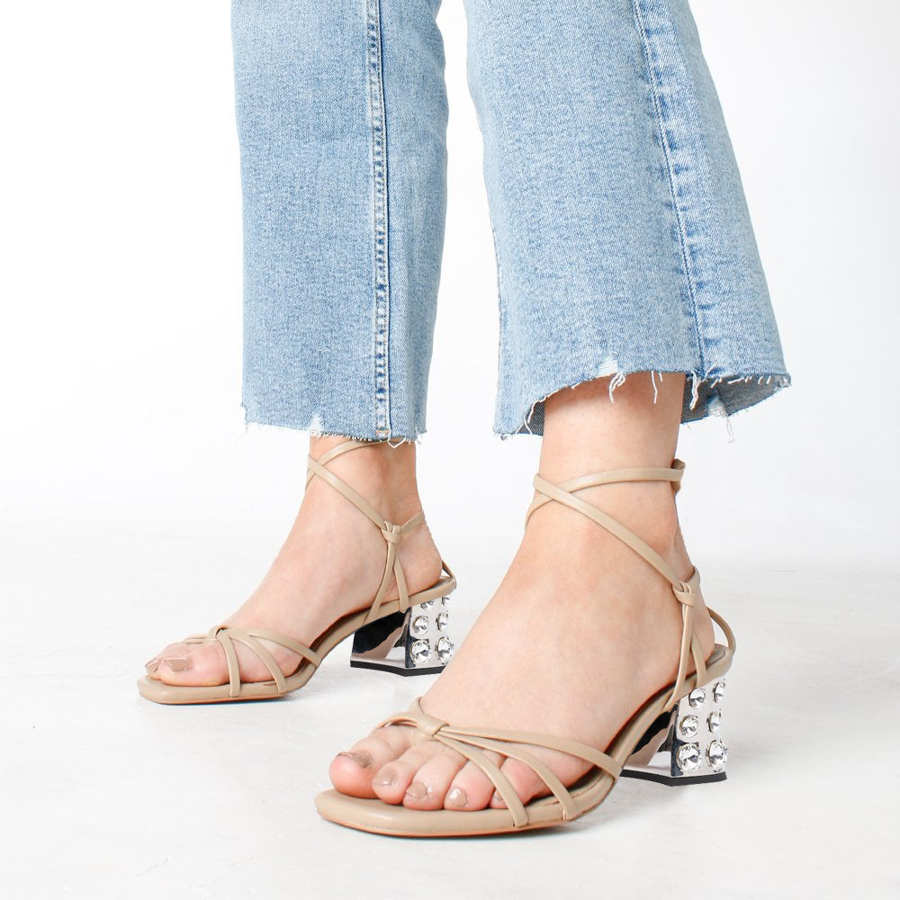 Beige Square Toe Decorative Heel Strappy Sandals
