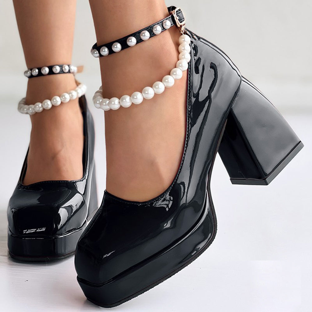 Full Color Patent Leather Platform Mary Janes Pearl Ankle Strap Chunky Heels