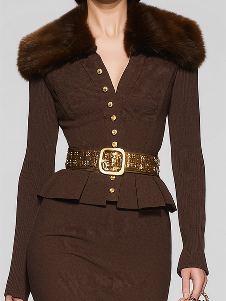 Fashionable Brown Button-down Jacket And Skirt Suit