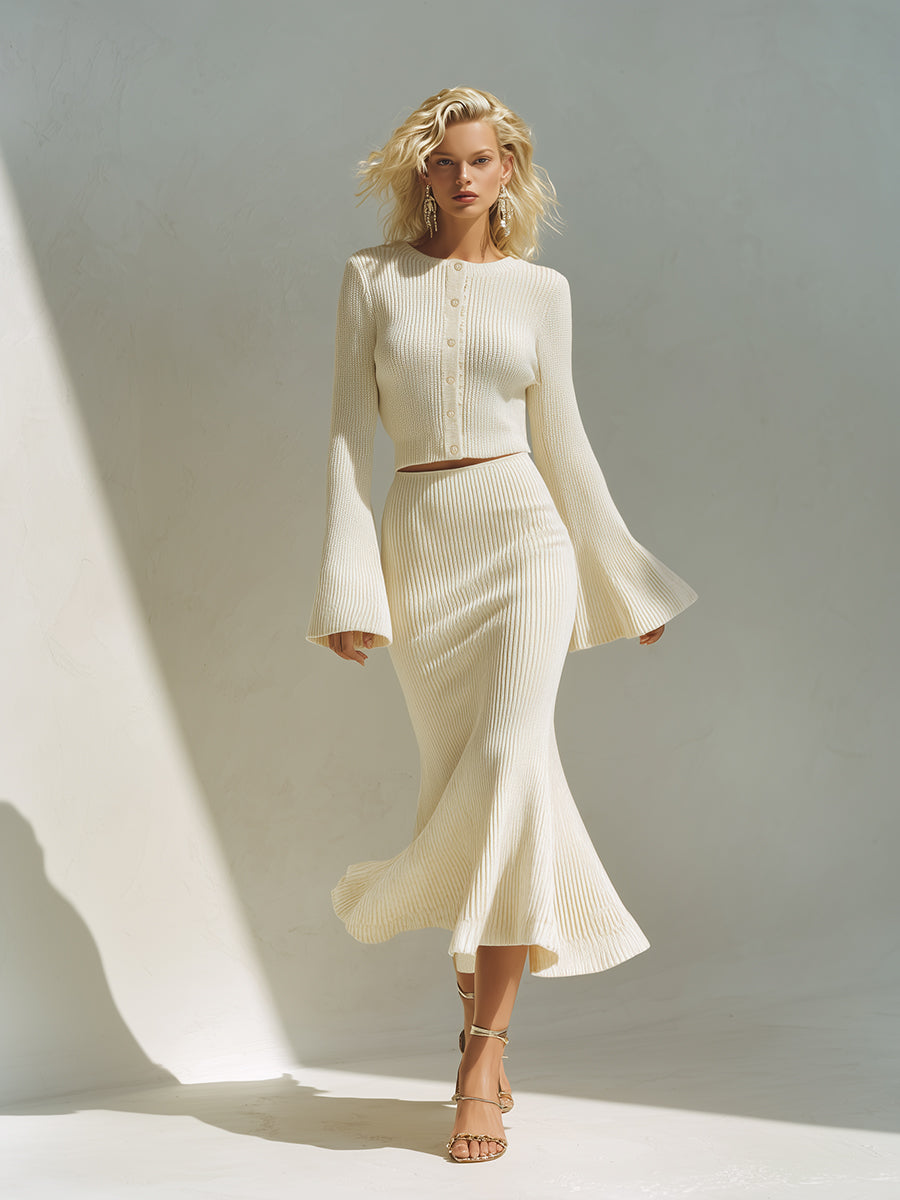 Elegant And Exquisite Beige Round Neck Knitted Cardigan Fishtail Skirt Set