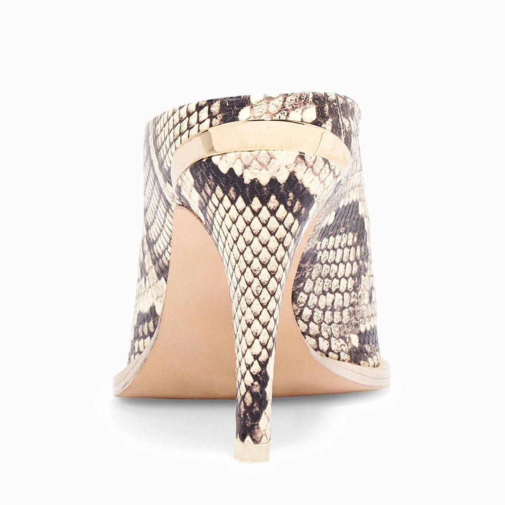 Beige and Black Vegan Leather Pointed Toe Python Print Mule Heels