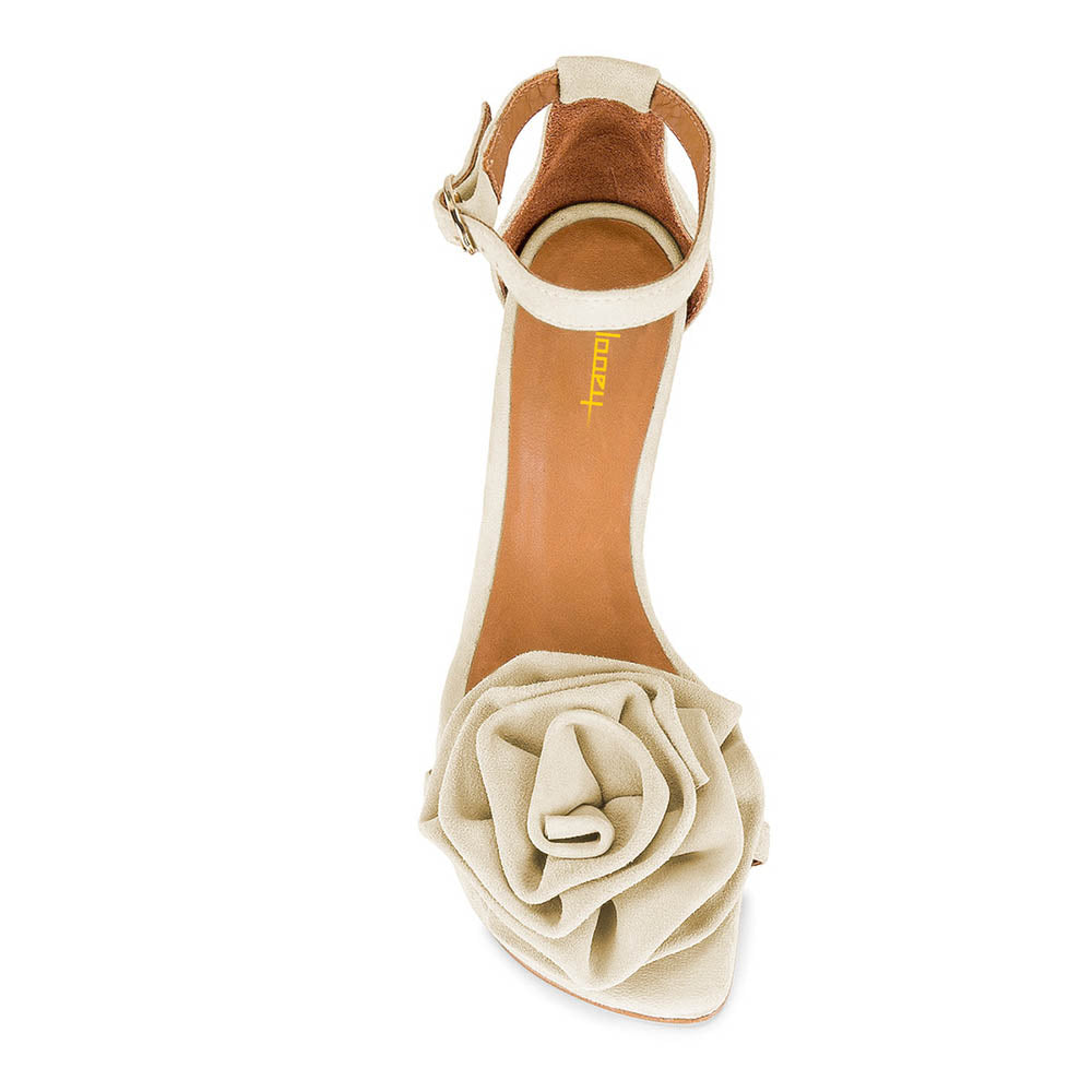 Beige Round Toe Buckle Ankle Strap Women's Heel Sandals with Flower