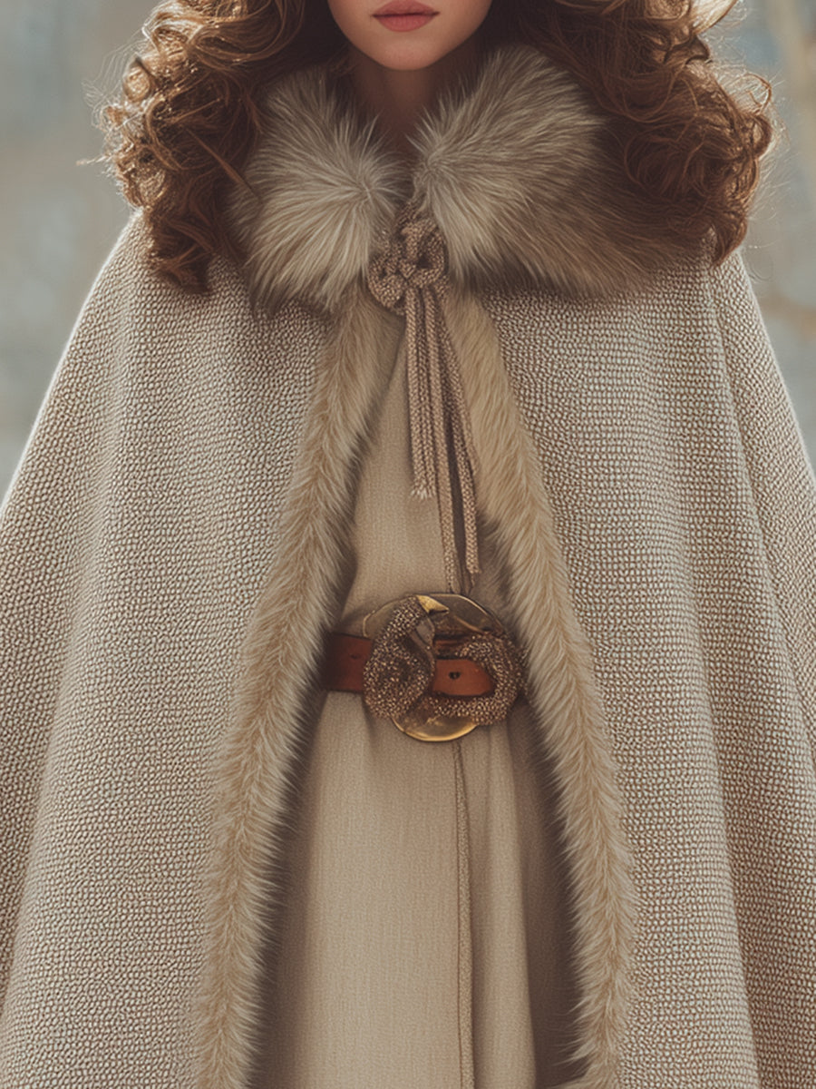 Elegant Vintage Plush Trim Beige Cape Coat