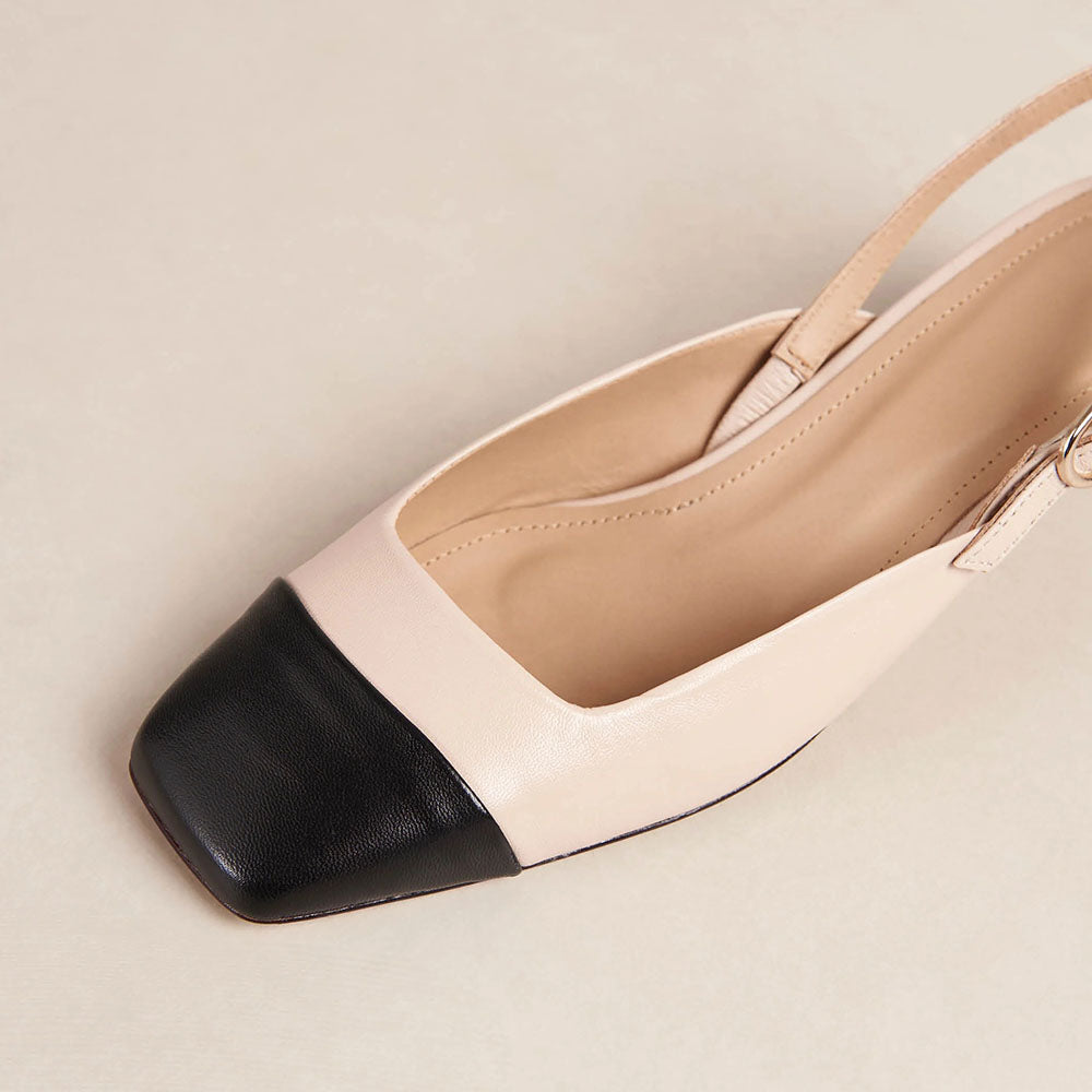 Beige & Black Square Toe Chunky Heel Vintage Slingback Pumps