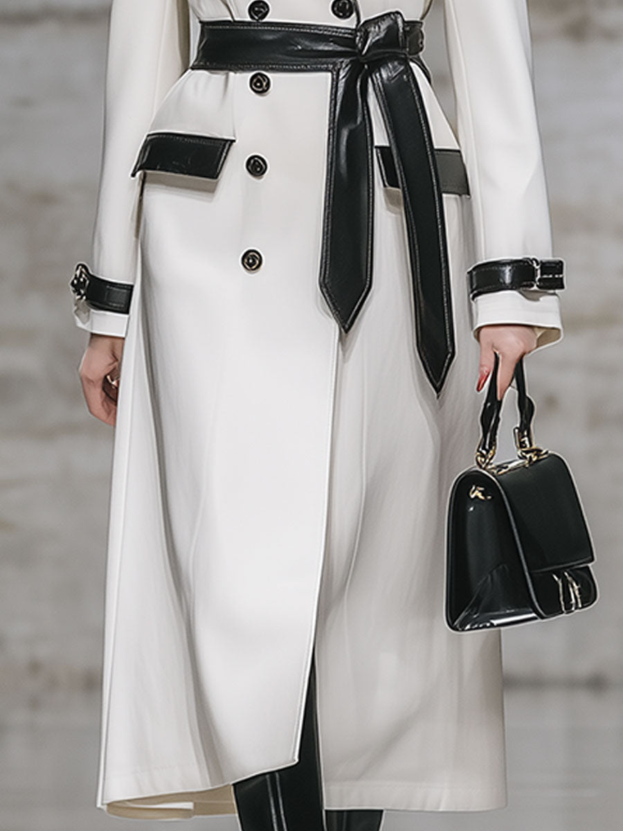 Elegant Urban Lapel White Stitching Faux Leather Mid-Length Coat