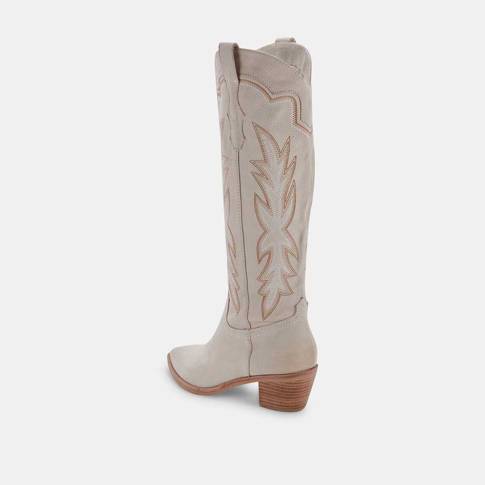 Beige Pointed Toe Chunky Heel Embroidered Knee High Cowgirl Boots