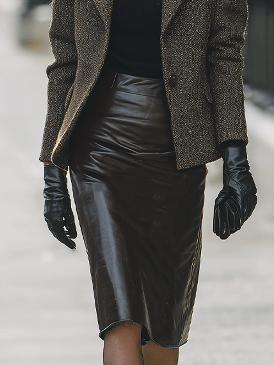 Dark Brown Faux Leather Pencil Skirt With Tweed Blazer