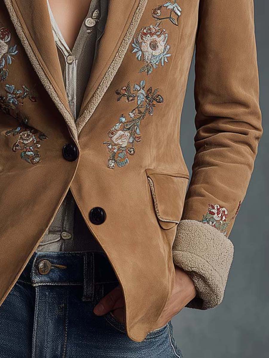 Embroidered Suede Blazer With Shearling Trim