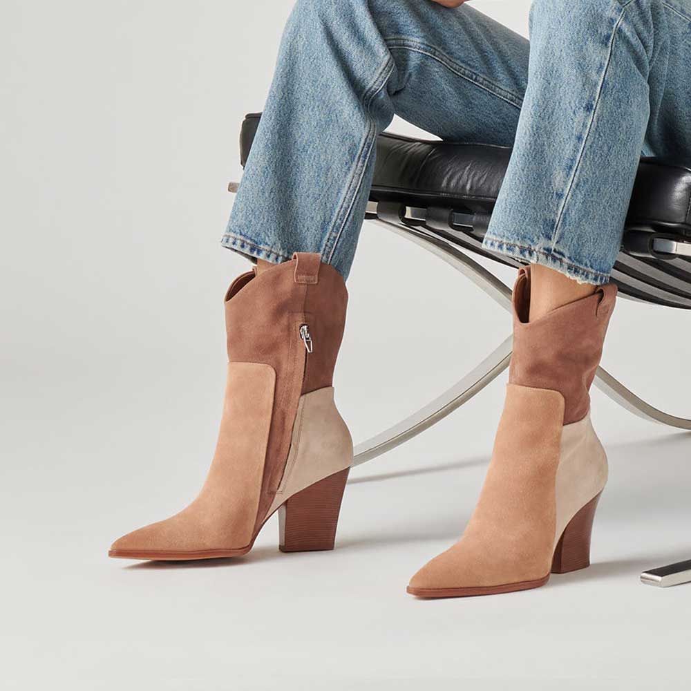 Beige Faux Suede Pointed Toe Chunky Heel Cowgirl Booties