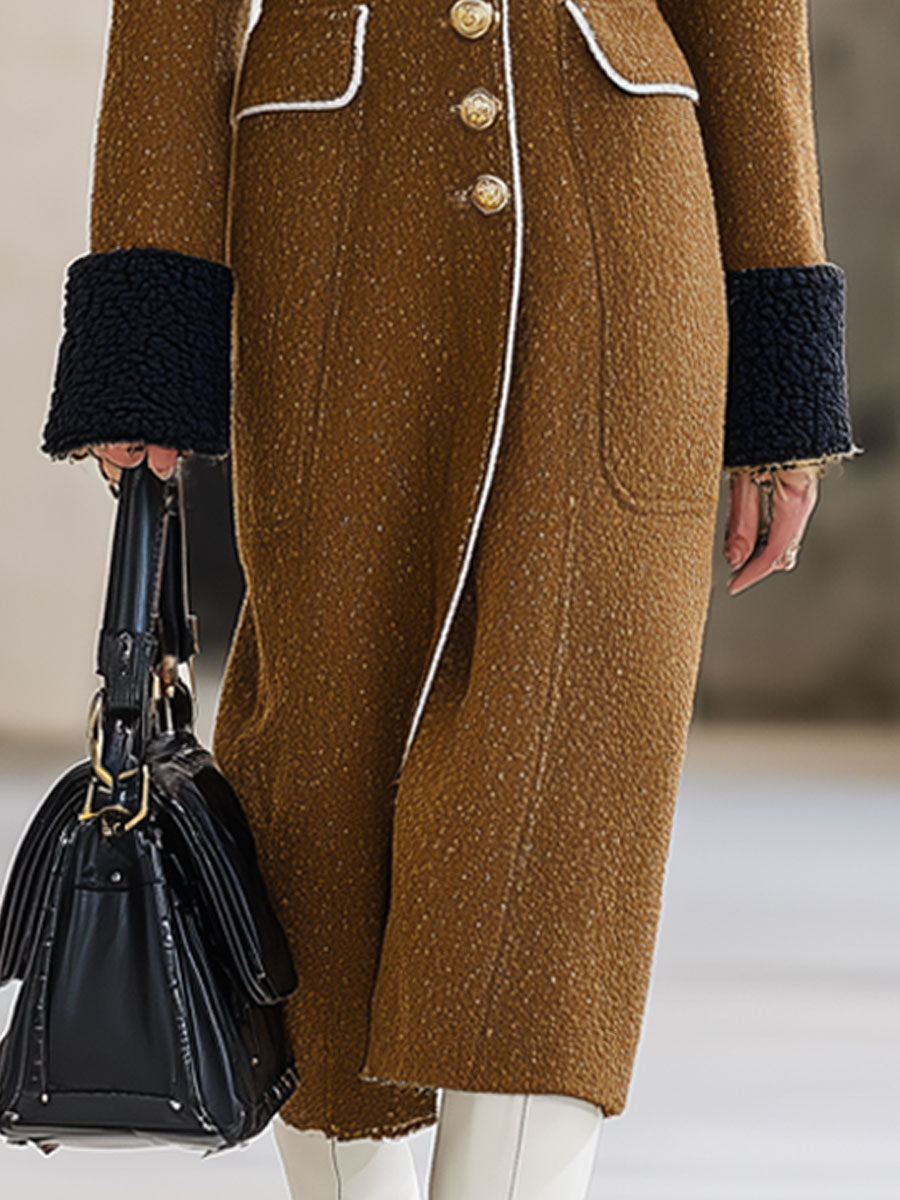 Fashionable Loose Retro Black Polar Fleece Splicing Camel Wool Long Coat