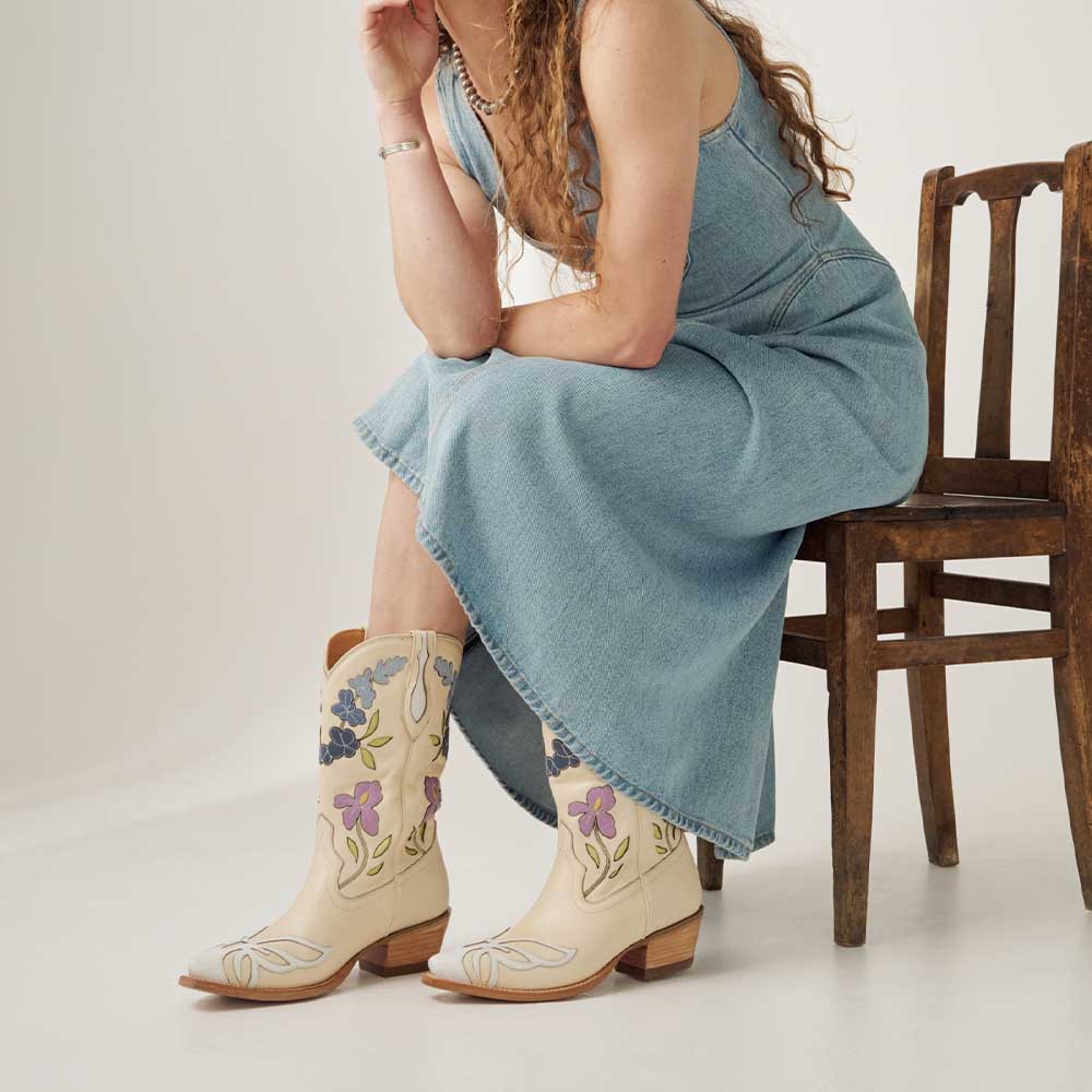 Beige Snip Toe Butterfly & Floral Inlay Mid Calf Cowgirl Boots