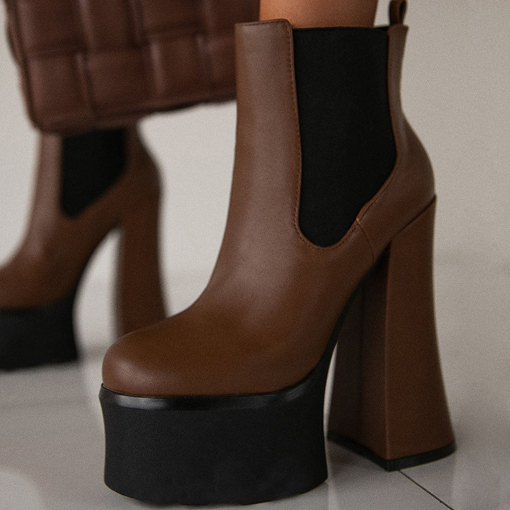Dark Brown Round Toe Platform Chelsea Ankle Boots with Chunky Heel