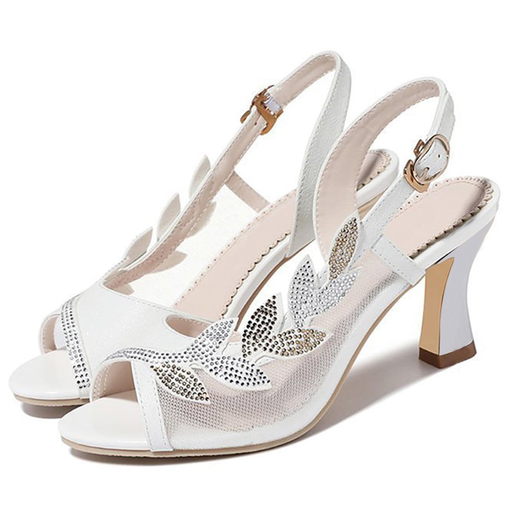 Full White Almond Toe Sandals Lace Cute Kitten Heels with Leaf Pattern