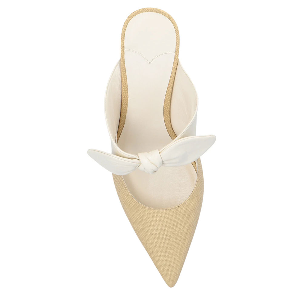 Beige & White Pointed Toe Stiletto Heel Woven Mules Shoes with Knot