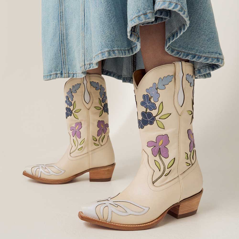 Beige Snip Toe Butterfly & Floral Inlay Mid Calf Cowgirl Boots