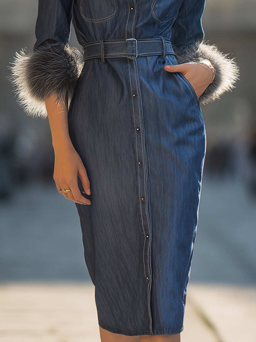 Elegant Denim Midi Dress With Faux Fur Collar And Cuffs
