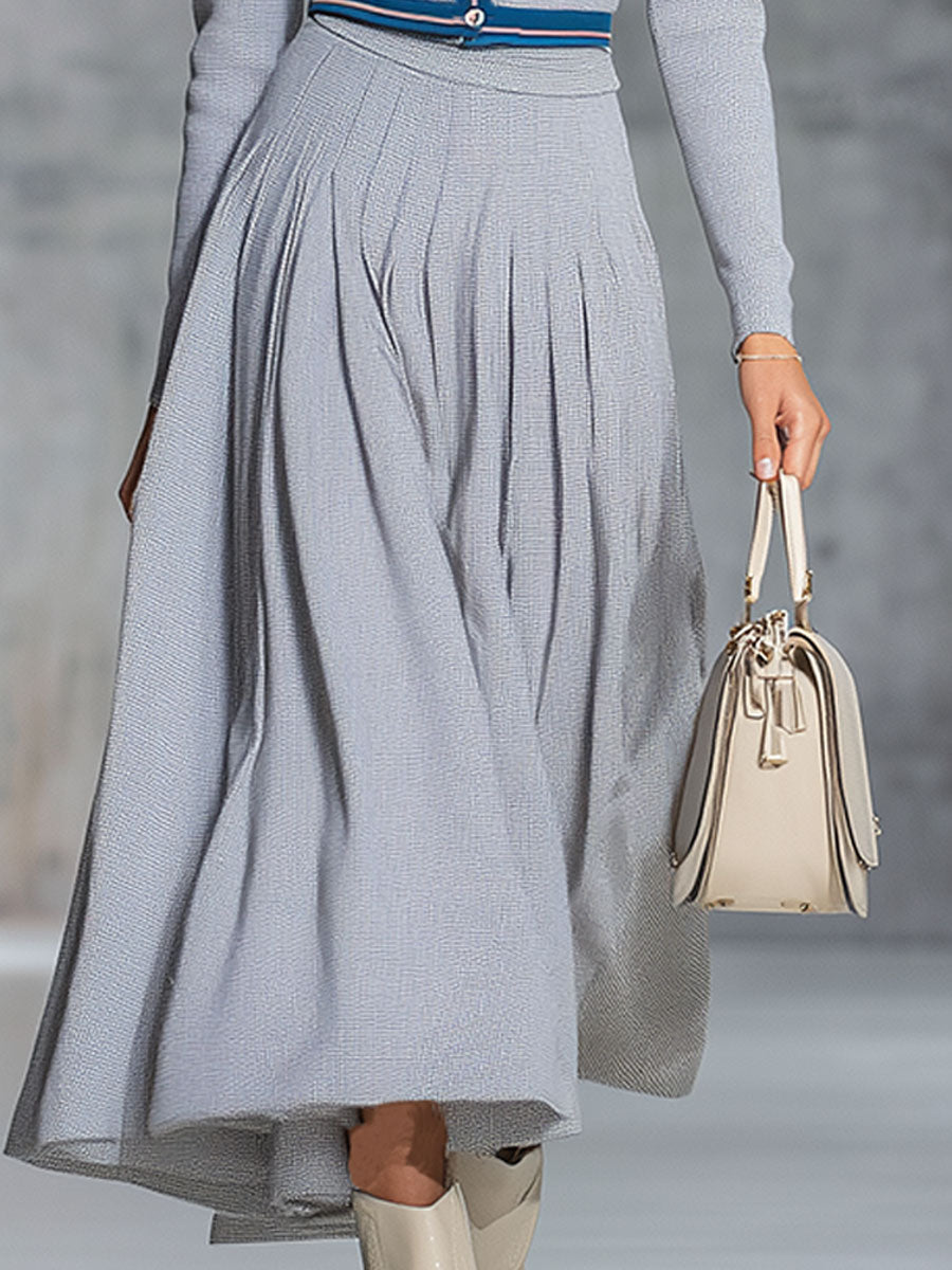 Fashion Retro Gray Knitted Long Sleeve Midi Dress Set