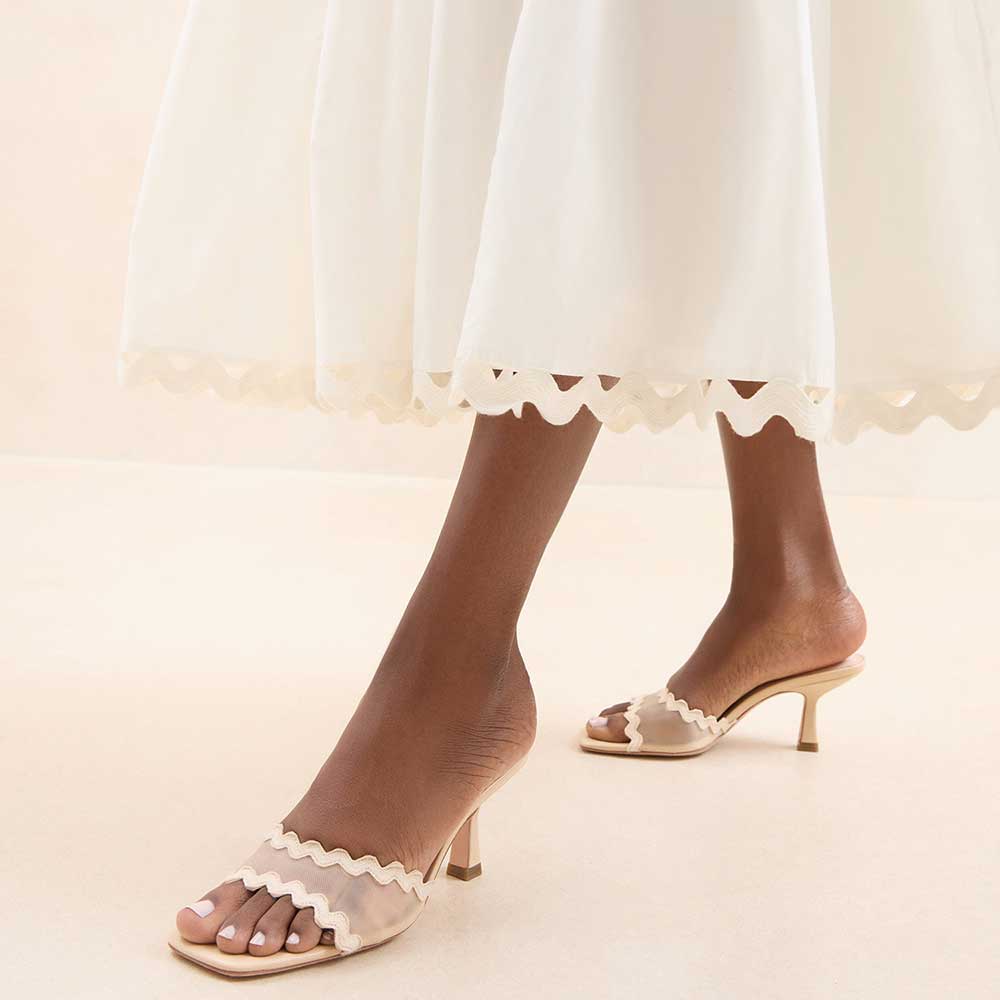 Beige Mesh Open Square Toe Wave Edge Heeled Mules Sandals