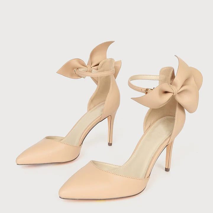 Beige Pointed Toe Stiletto Heel Elegant Ankle Strap Pumps with Bow