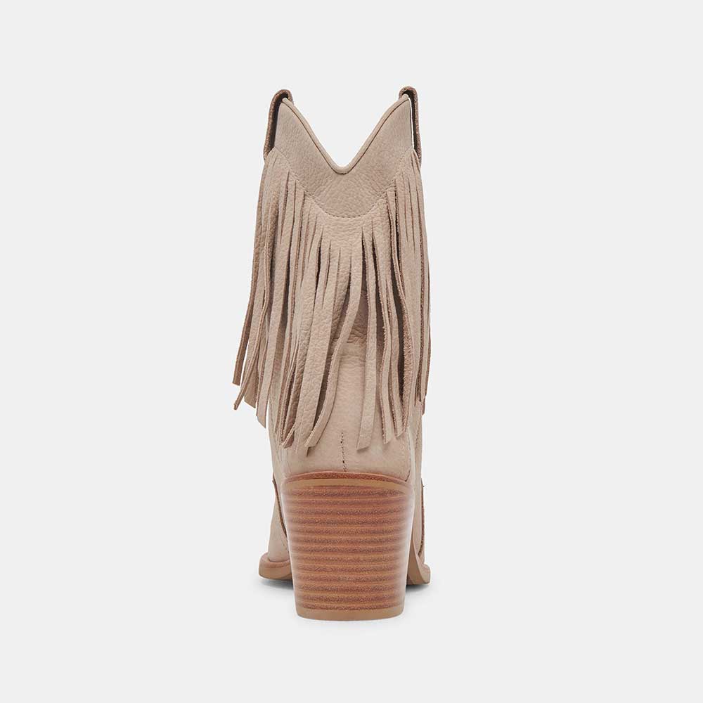 Beige Pointed Toe Fringe Ankle Length Cowgirl Boots with Chunky Heel