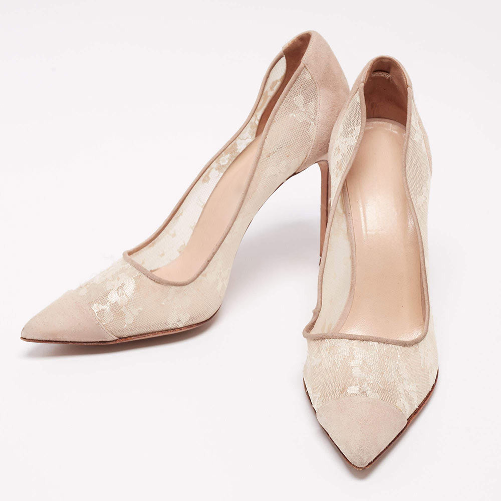 Floral Lace Mesh Pointed Toe Stiletto Heel Pumps Shoes in Nude