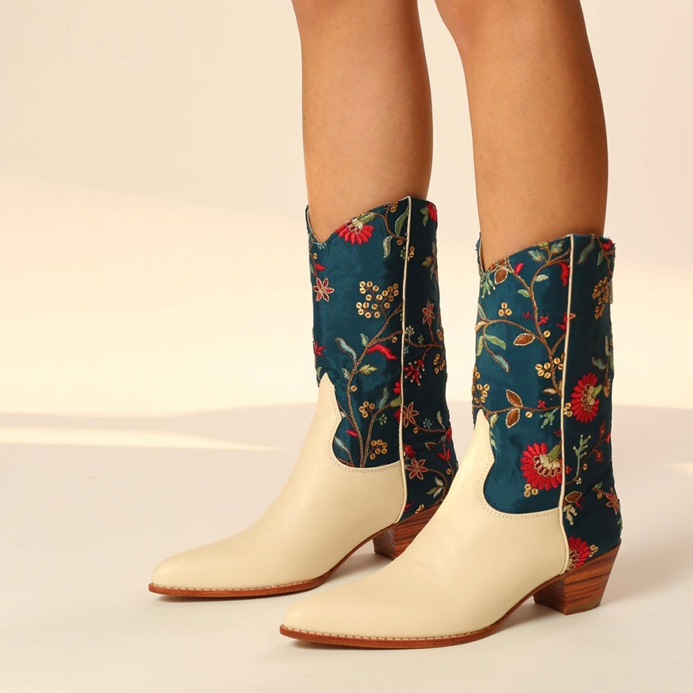 Beige and Teal Embroidered Pointed Toe Back Zipper Flower Cowboy Boots