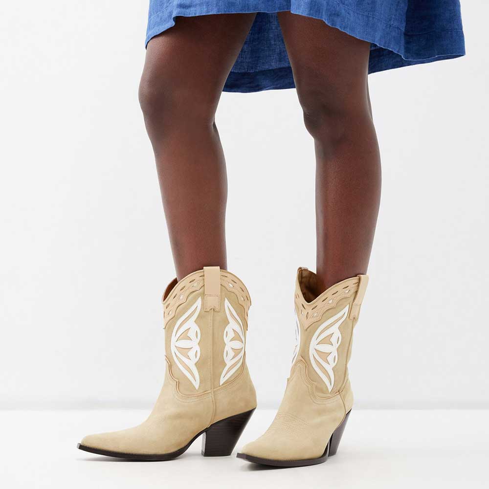 Beige Faux Suede Pointed Toe Chunky Heel Butterfly Cowgirl Boots