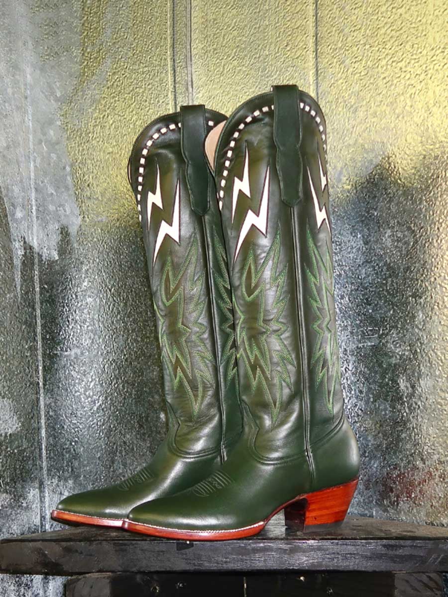 Dark Green Chunky Heel White Lightning Inlay Knee High Cowgirl Boots