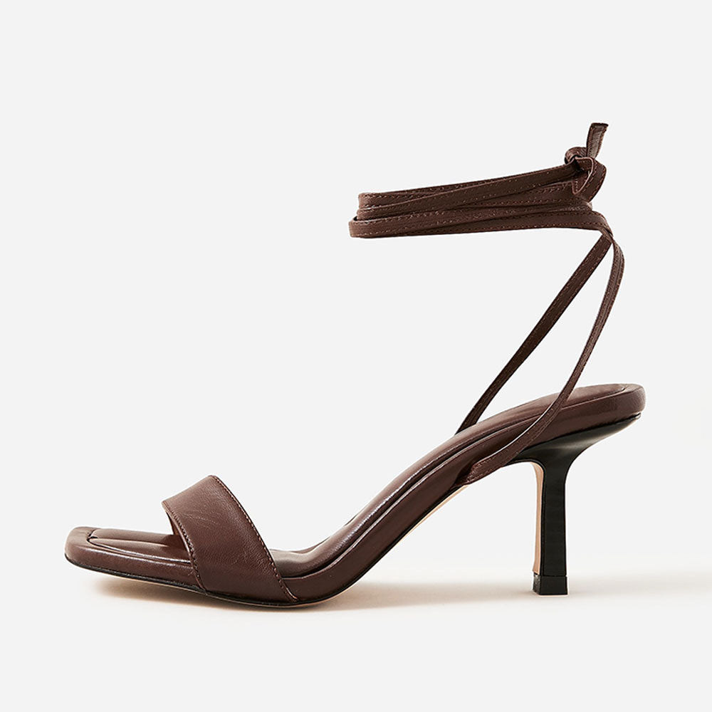Dark Brown Vegan Leather Square-Toe Kitten Heel Lace Up Sandals