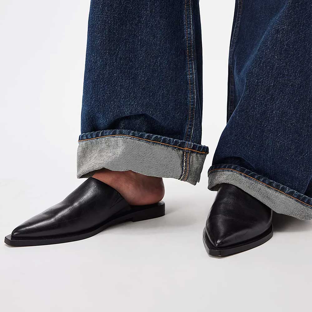 Elegant Black Closed Toe Slip On Flat Mule Shoes for Women