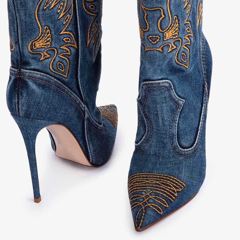 Denim Pointed Toe Stiletto Heel Embroidered Cowgirl Boots in Blue