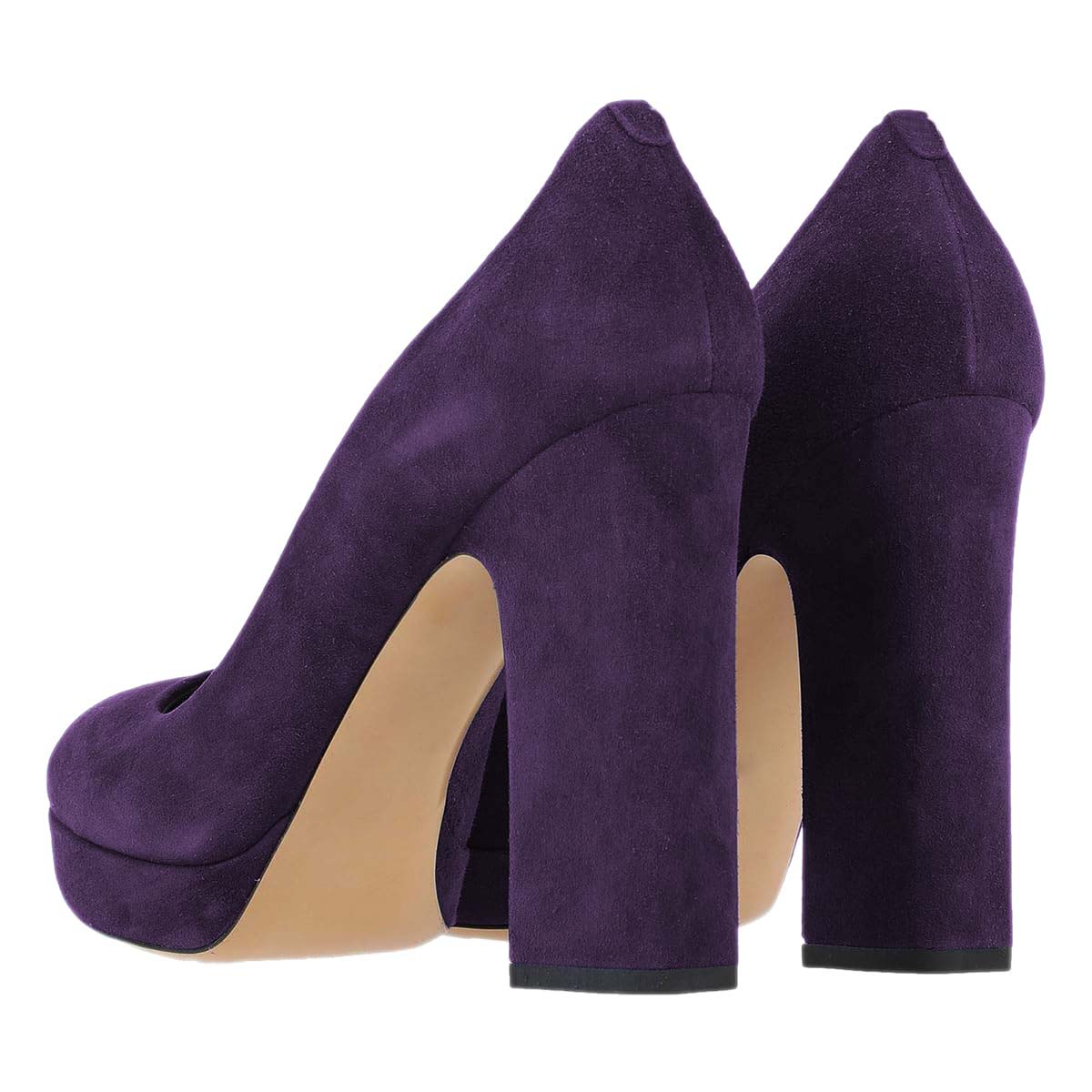 Dark Purple Vegan Suede Round Toe Chunky Heel Platform Pumps Shoes