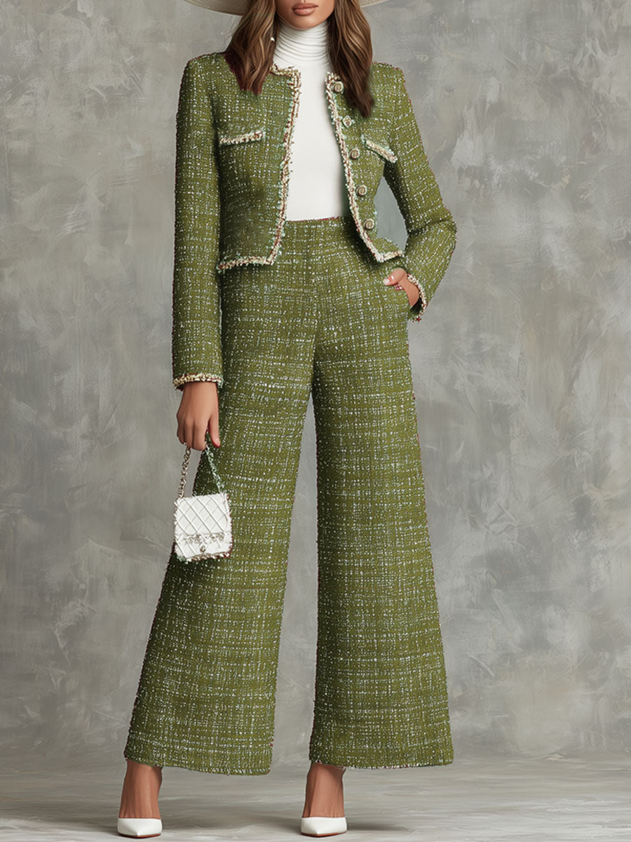 Elegant Textured Fabric Jacket And Wide-leg Pants Set