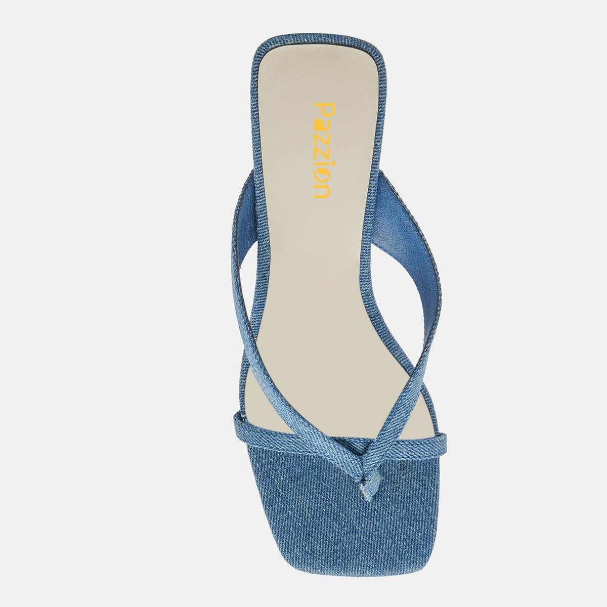 Denim Blue Square Toe Flared Mid Heel Flip Flops for Women