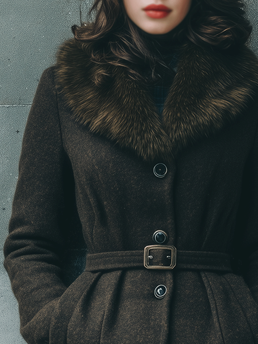 Elegant Wool Belted Coat With Faux Fur Collar