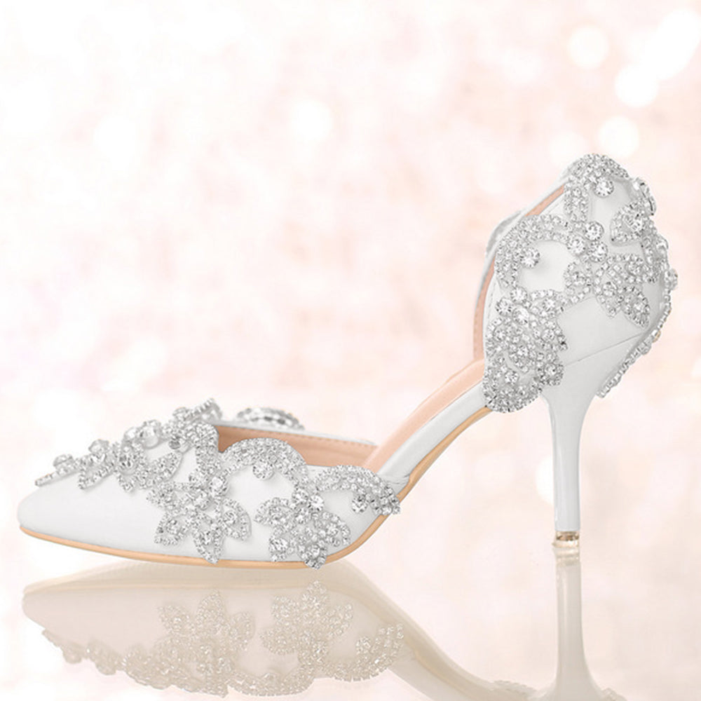Elegant White Pointed Toe Rhinestone Embellished Wedding Heels