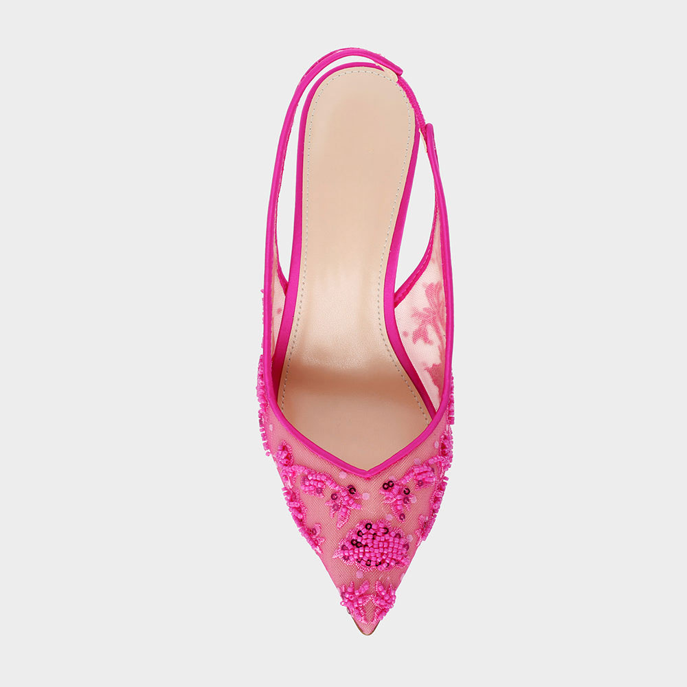 Fuchsia Mesh Beads Sequins Pointed Toe Flared Heel Slingback Shoes